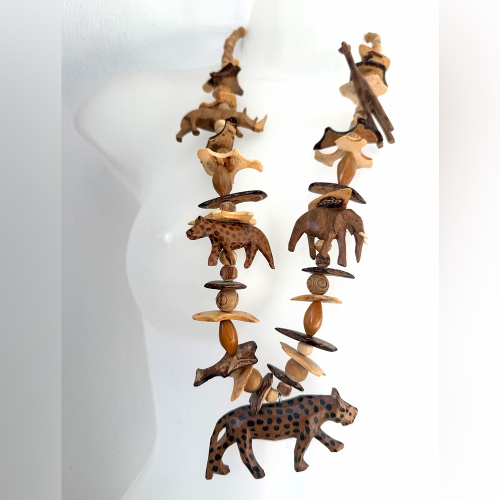 Handcrafted Safari Carved Animal with wooden beads Statement Necklace